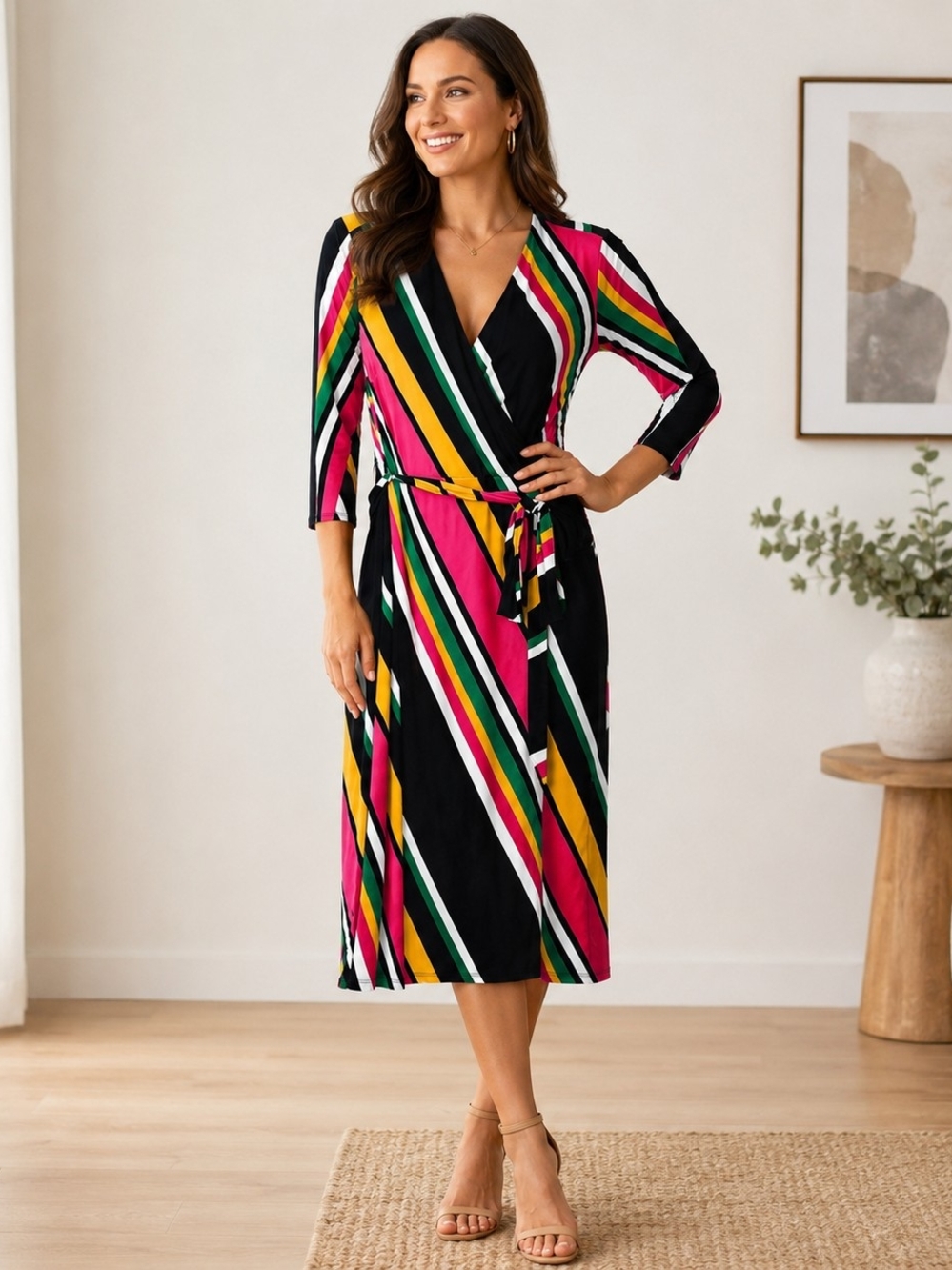 NWT I.N.C. International‎ Concepts Colorblock Stripe Faux Wrap Midi Dress Size L